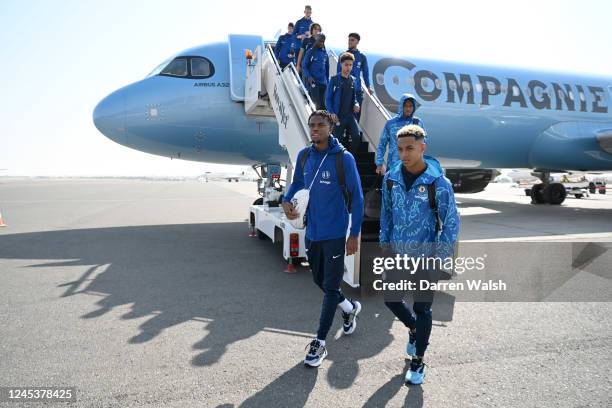 Carney Chukwuemeka, Omari Hutchinson and Malik Maine Mothersille of Chelsea as they arrive at Abu Dhabi International Airport on December 5, 2022 in...