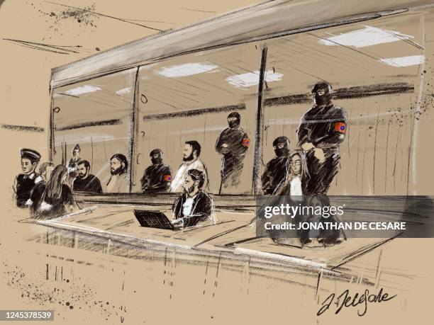 This drawing by Jonathan De Cesare shows the first day of the trial of the attacks of March 22 at the Brussels-Capital Assizes Court, Monday 05...