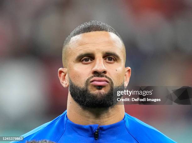 Kyle Walker of England looks on prior to the FIFA World Cup Qatar 2022 Round of 16 match between England and Senegal at Al Bayt Stadium on December...