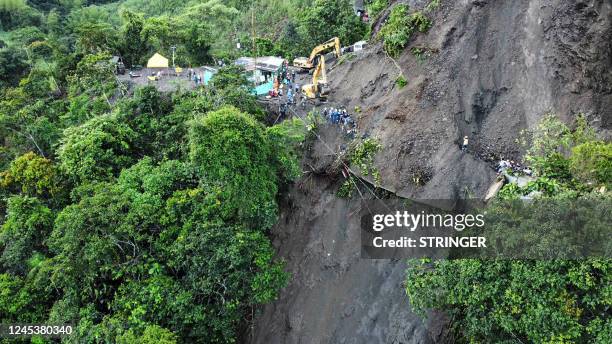 Aerial view of a landslide of a mountain in the sector El Ruso, Pueblo Rico municipality, in northwestern Bogota, Colombia, taken on December 5,...