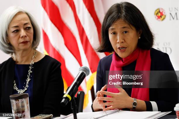 Katherine Tai, US trade representative, right, and Thea Mei Lee, deputy undersecretary of international affairs at the US Department of Labor, at a...