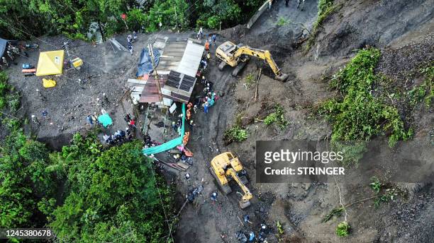 Aerial view of a landslide of a mountain in the sector El Ruso, Pueblo Rico municipality, in northwestern Bogota, Colombia, taken on December 5,...