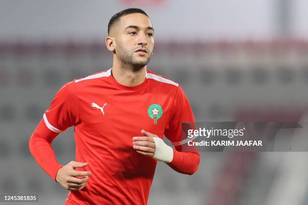 Morocco's midfielder Hakim Ziyech attends a training session at the Al Duhail SC Stadium in Doha on December 5 on the eve of the Qatar 2022 World Cup...