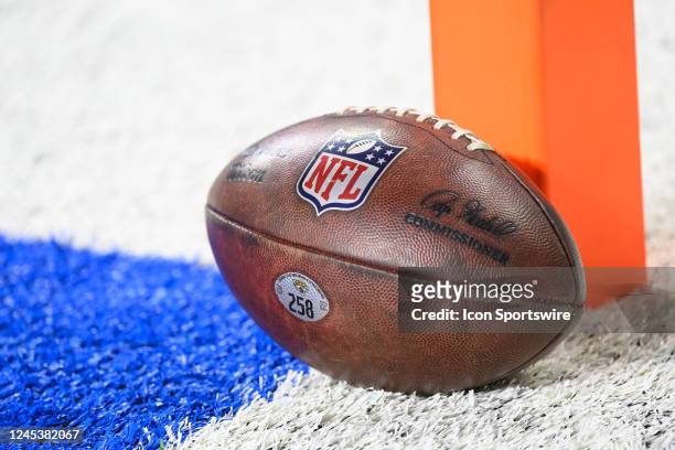 Game ball sits next to the corner end zone pilon prior to the Detroit Lions versus the Jacksonville Jaguars game on Sunday December 4, 2022 at Ford...