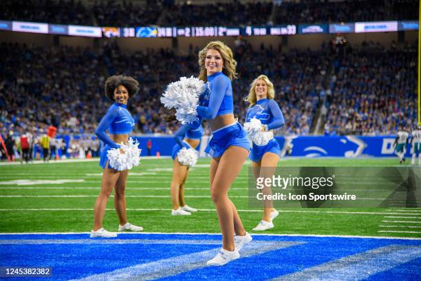 The Detroit Lions Cheerleaders perform during to the Detroit Lions versus the Jacksonville Jaguars game on Sunday December 4, 2022 at Ford Field in...