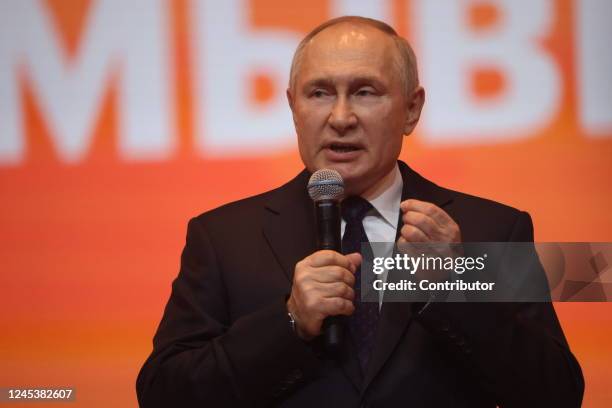 Russian President Vladimir Putin talks during the awarding ceremony at the We Are Toghether Youth Forum, on December 5, 2022 in Moscow, Russia....