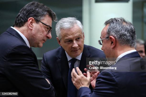 Giancarlo Giorgetti, Italy's finance minister, left, Bruno Le Maire, France's finance minister, center, and Christos Staikouras, Greece's finance...