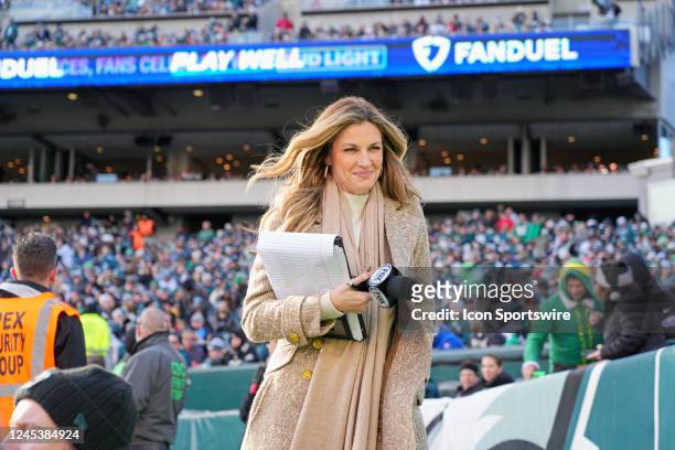 Fox Sports sideline reporter Erin Andrews looks on during the game between the Tennessee Titans and the Philadelphia Eagles on December 4, 2022 at...