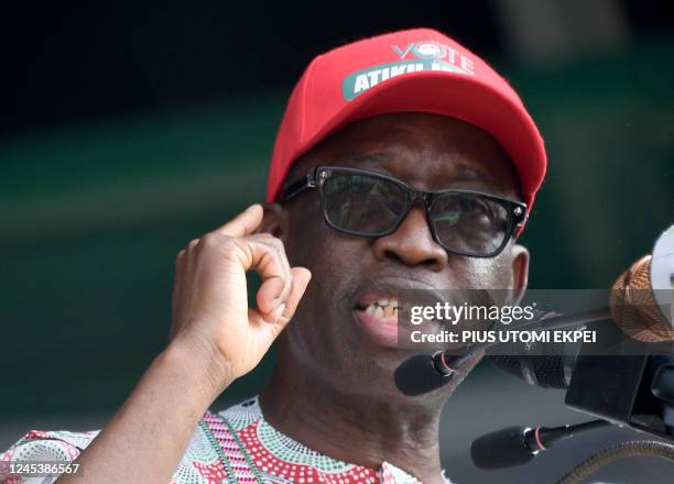 Vice presidential candidate of the opposition Peoples Democratic Party Senator Ifeanyi Okowa speaks during a campaign rally in Lagos, on December 5,...