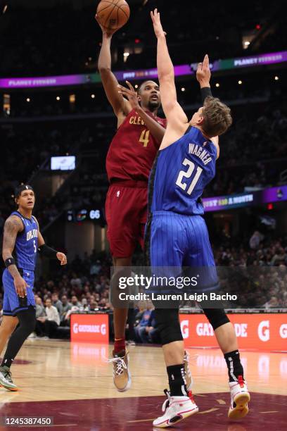 Evan Mobley of the Cleveland Cavaliers shoots the ball against the Orlando Magic on December 2, 2022 at Rocket Mortgage FieldHouse in Cleveland,...