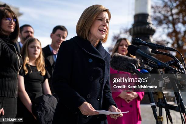 Kristen Waggoner of the Alliance Defending Freedom, speaks to members of the press on Monday, Dec. 5, 2022 in Washington, DC. The High Court heard...
