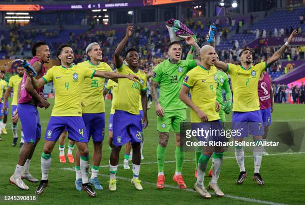 Marquinhos, Pedro, Vinicius Junior, Ederson, Richarlison, Lucas Paqueta of Brazil celebrate after the FIFA World Cup Qatar 2022 Round of 16 match...