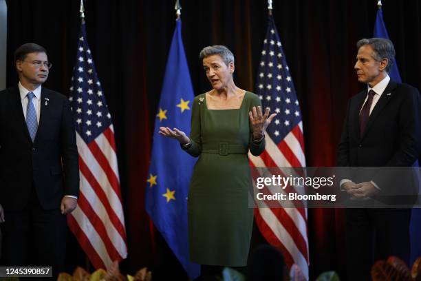 Margrethe Vestager, competition commissioner of the European Commission, speaks to members of the media at a news conference with Antony Blinken,...