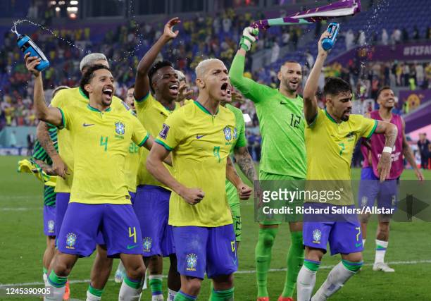 Marquinhos, Pedro, Vinicius Junior, Ederson, Richarlison, Lucas Paqueta of Brazil celebrate after the FIFA World Cup Qatar 2022 Round of 16 match...