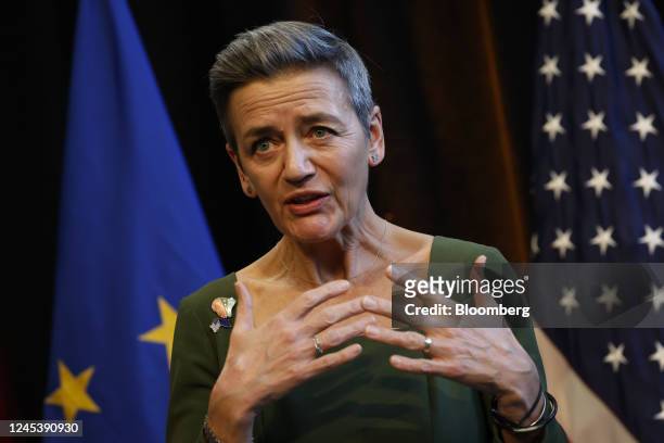 Margrethe Vestager, competition commissioner of the European Commission, speaks to members of the media at a news conference during the US-EU Trade...