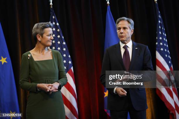 Antony Blinken, U.S. Secretary of state, speaks to members of the media at a news conference with Margrethe Vestager, competition commissioner of the...