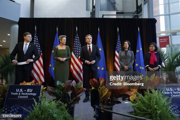 Antony Blinken, U.S. Secretary of state, speaks to members of the media at a news conference with Valdis Dombrovskis, trade commissioner for the...