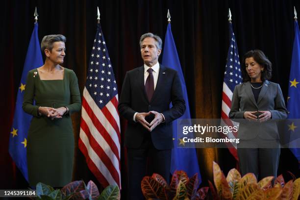 Antony Blinken, U.S. Secretary of state, speaks to members of the media at a news conference with Margrethe Vestager, competition commissioner of the...