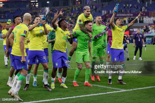 Casemiro; Marquinhos, Vinicius Junior, Bruno Guimaraes, Ederson, Weverton, Lucas Paqueta of Brazil celebrate after the FIFA World Cup Qatar 2022...