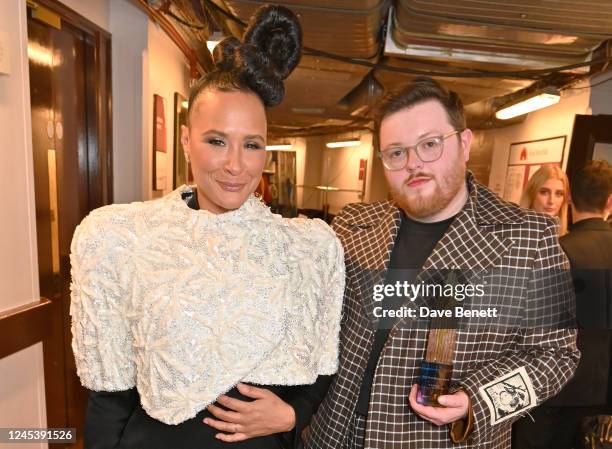 Golda Rosheuvel and Steven Stokey Daley, winner of the BFC Foundation Award, pose backstage at The Fashion Awards 2022 at Royal Albert Hall on...