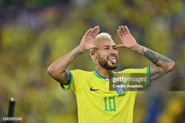 Neymar of Brazil celebrates at the end of the FIFA World Cup Qatar 2022 Round of 16 match between Brazil and South Korea at Stadium 974 on December...