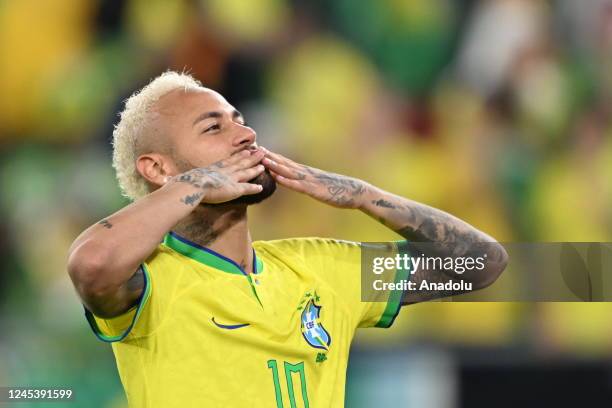 Neymar of Brazil celebrates at the end of the FIFA World Cup Qatar 2022 Round of 16 match between Brazil and South Korea at Stadium 974 on December...