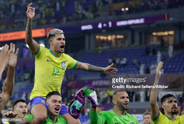 Bruno Guimaraes and Ederson, Weverton and Lucas Paqueta of Brazil celebrating after the FIFA World Cup Qatar 2022 Round of 16 match between Brazil...