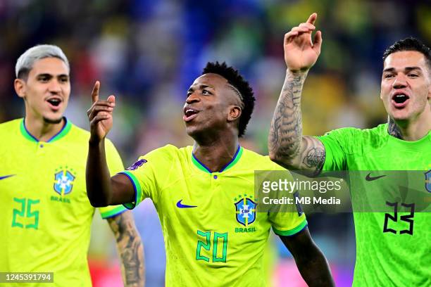 Pedro ,Vinícius Junior and Ederson of Brazil celebrates for the victory ,during the FIFA World Cup Qatar 2022 Round of 16 match between Brazil and...