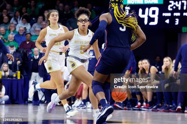 Notre Dame Fighting Irish guard Olivia Miles dribbles ball during a college womens basketball game between the Notre Dame Fighting Irish and the...