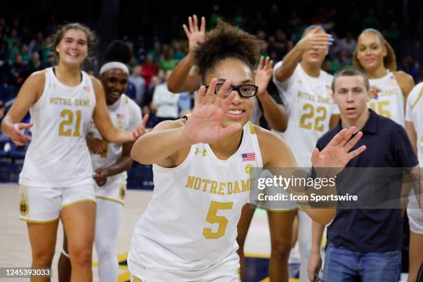 Notre Dame Fighting Irish celebrate win after a college womens basketball game between the Notre Dame Fighting Irish and the UConn Huskies on...