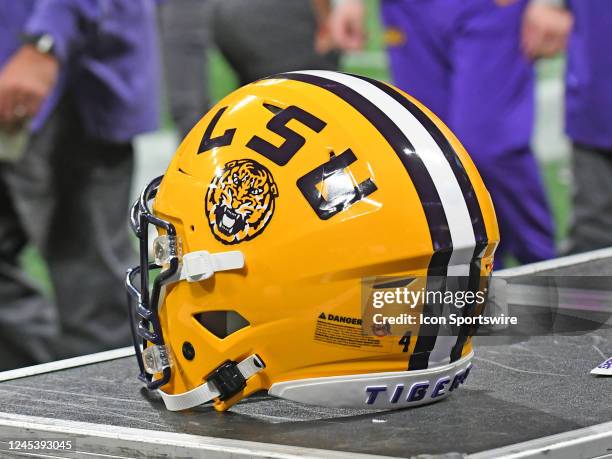 Football helmet sits on the sidelines during the SEC Championship game between the LSU Tigers and the Georgia Bulldogs on December 03 at...