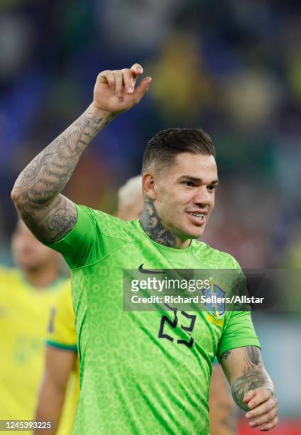 Ederson, Goalkeeper of Brazil celebrates after the FIFA World Cup Qatar 2022 Round of 16 match between Brazil and South Korea at Stadium 974 on...