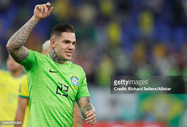 Ederson, Goalkeeper of Brazil celebrates after the FIFA World Cup Qatar 2022 Round of 16 match between Brazil and South Korea at Stadium 974 on...