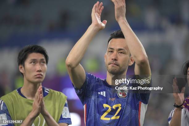 Maya Yoshida, captain of Japan thanks for the support for Japanese supporters during the FIFA World Cup Qatar 2022 Round of 16 match between Japan...