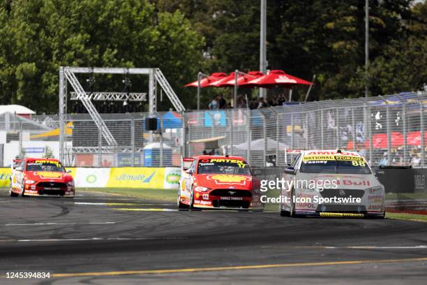 Broc Feeney of the Red Bull Ampol Racing Holden Commodore ZB followed by Will Davison of the Shell V-Power Racing Team Ford Mustang GT during The...