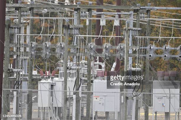 View of the substation while work is in progress as tens of thousands are without power on Moore County after an attack at two substations by Duke...