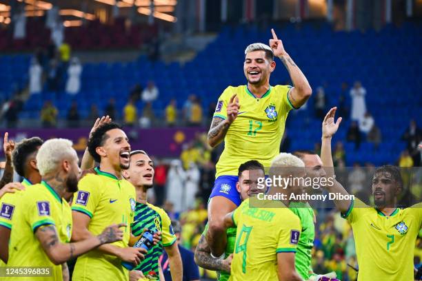 Bruno GUIMARAES of Brazil celebrates the victory with EDERSON of Brazil during the FIFA World Cup 2022, Round of 16 match between Brazil and South...