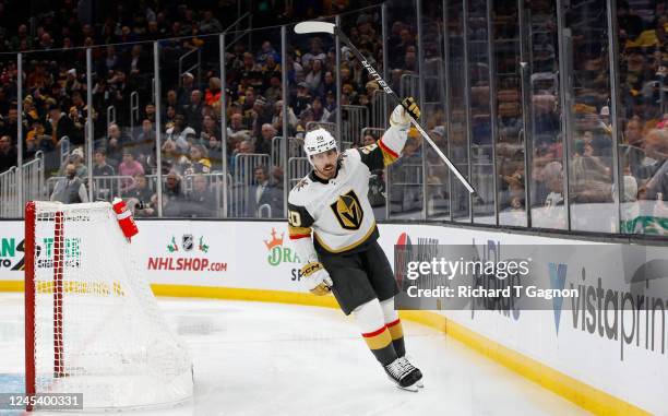 Chandler Stephenson of the Vegas Golden Knights celebrates a goal by teammate Paul Cotter against the Boston Bruins during the second period at the...