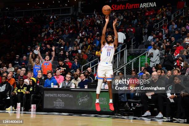 Isaiah Joe of the Oklahoma City Thunder shoots a three point basket during the game against the Atlanta Hawks, while visiting Oklahoma City Thunder...