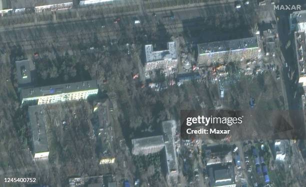 Maxar satellite imagery of dthe reconstruction to the hospital buildings in Mariupol, Ukraine. Please use: Satellite image 2022 Maxar Technologies.