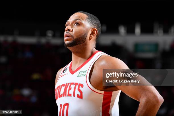 Eric Gordon of the Houston Rockets looks on during the game against the Philadelphia 76ers on December 5, 2022 at the Toyota Center in Houston,...