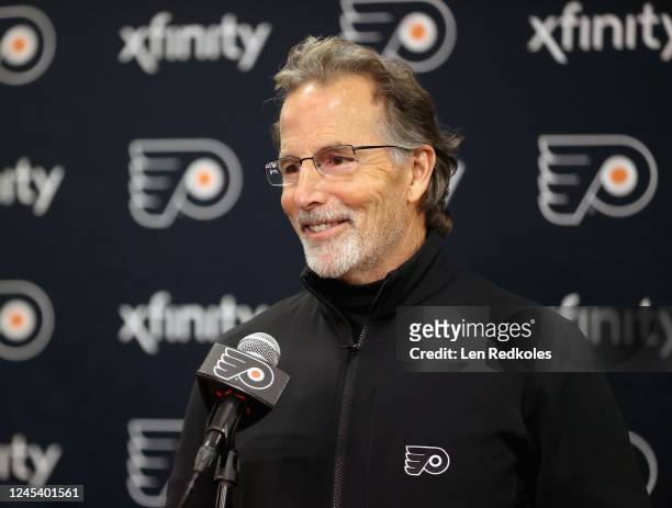 Head Coach of the Philadelphia Flyers John Tortorella speaks during a press conference after defeating the Colorado Avalanche 5-3 at the Wells Fargo...