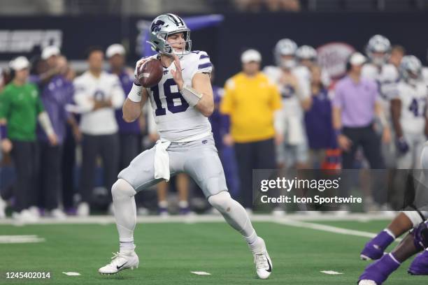 Kansas State Wildcats quarterback Will Howard looks to pass in the Big 12 Championship Game between the TCU Horned Frogs and the Kansas State...