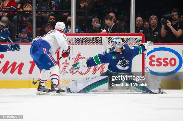 Sean Monahan of the Montréal Canadiens scores a goal on Spencer Martin of the Vancouver Canucks during the first period of their NHL game at Rogers...