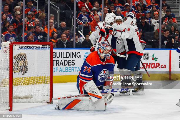 Washington Capitals Left Wing Alex Ovechkin celebrates his goal in front of Edmonton Oilers Goalie Stuart Skinner in the second period during the...