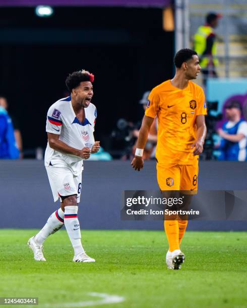 Midfielder Weston McKennie yells in frustration after a missed shot during the round of 16 Match of the 2022 FIFA World Cup in Qatar between USA and...