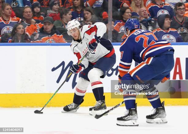 Oshie of the Washington Capitals skates with the puck against the Edmonton Oilers on December 5, 2022 at Rogers Place in Edmonton, Alberta, Canada.