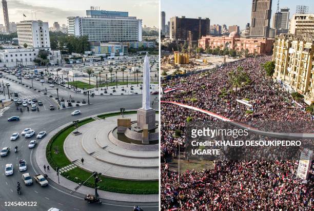 This combination of pictures created on November 24, 2020 shows a general view of Cairo's Tahrir Square on February 18, 2011 as it is filled with...