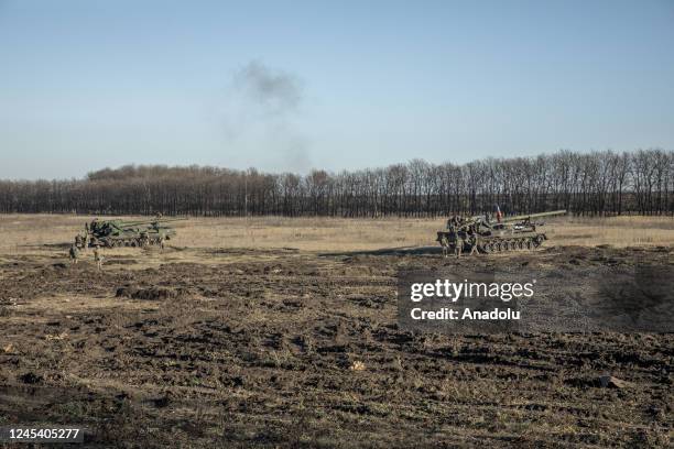 Artillery systems prepare for firing in the frontline of Donbas, Ukraine on December 05, 2022.