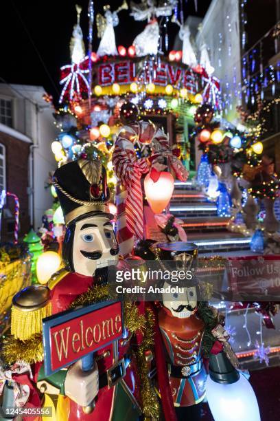 Christmas lights and ornaments are viewed outside of a home in Dyker Heights neighborhood of Brooklyn borough of New York, United States on December...